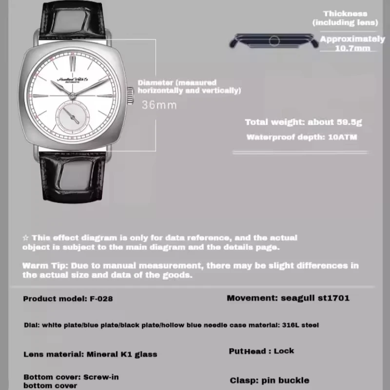 Hruodland 2025 Men's Mechanical Watch Seagull St1701 36mm Square Mineral Glass Stainless Steel Waterproof 10Bar Reloj Hombre