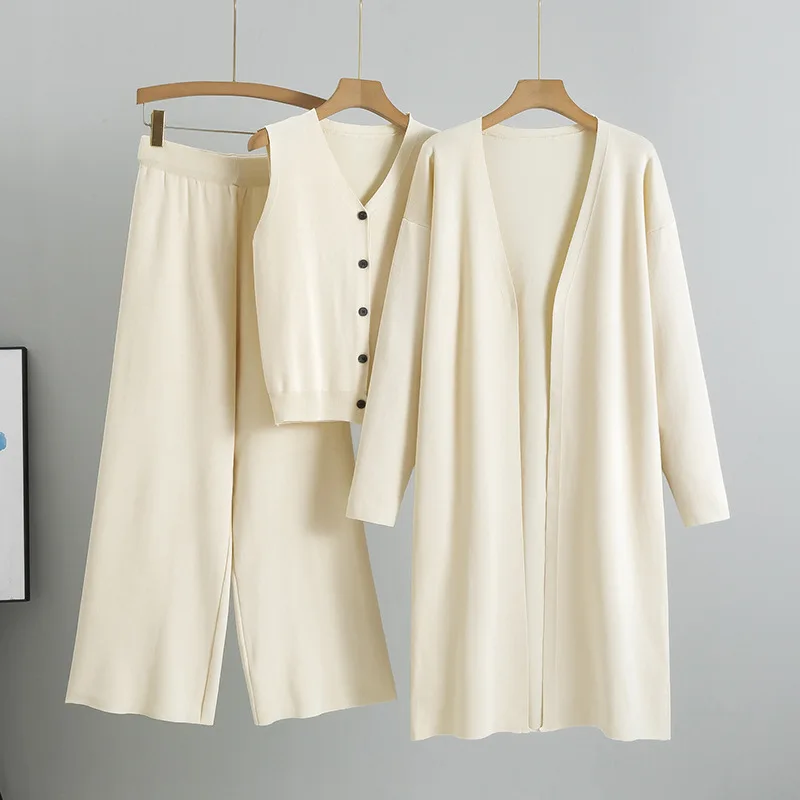 Greenora Matching Set Scandinavian Style Coquette Women Knit Cardigan Vest Pants Three Piece Set Taupe Modest Fashion