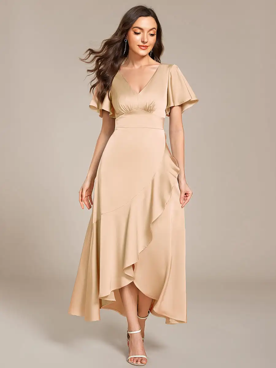 

Elegant Evening Dresses Short Sleeve Ruffled V-Neck Asymmetrical Hem 2025 Ever Pretty of Charcoal Midi Bridesmaid Dress