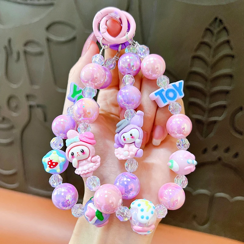 Sanrio Phone Anti-lost Lanyard Key Short Wrist Pendant Cinnamoroll Kuromi Bead Pendant Women's Hand-held Chain Phone Lanyard