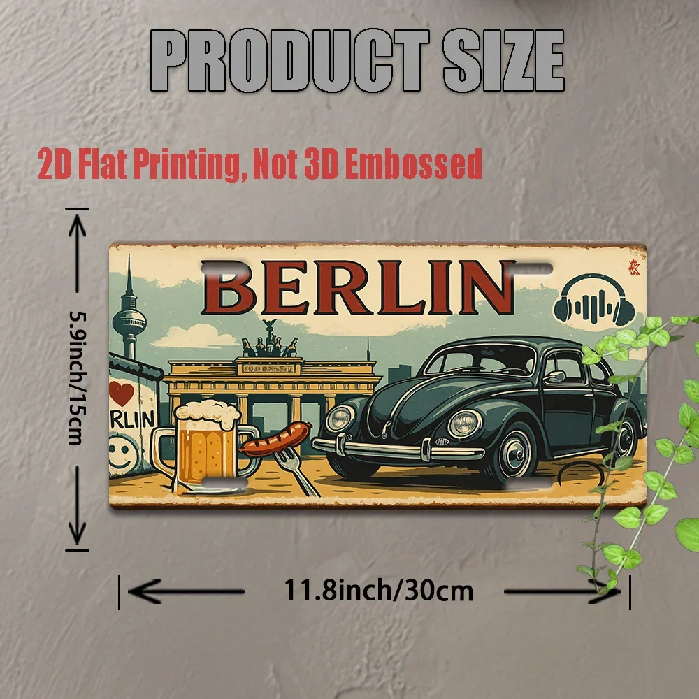 HD Aluminum Metal Sign, Berlin Germany Vintage License Plate Style Wall Decor, Retro Brandenburg Gate Beetle Car Beer Sausage De