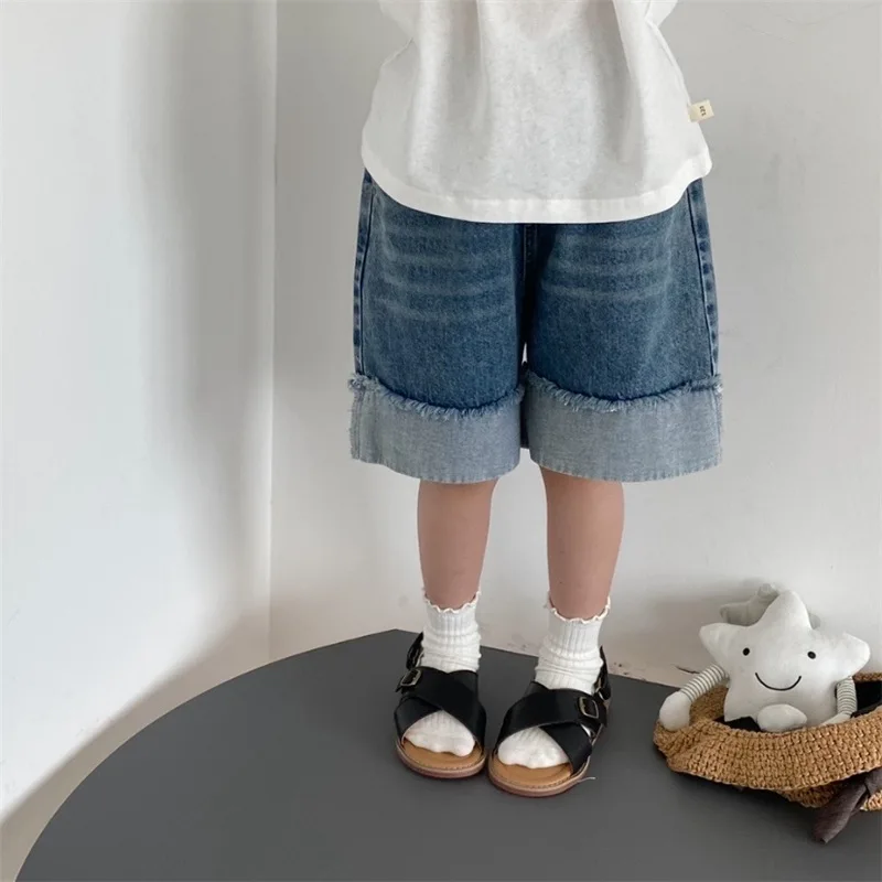 Korean Summer New Products Children's Retro Old Denim Shorts Rough Edge Denim Five-point Medium Pants