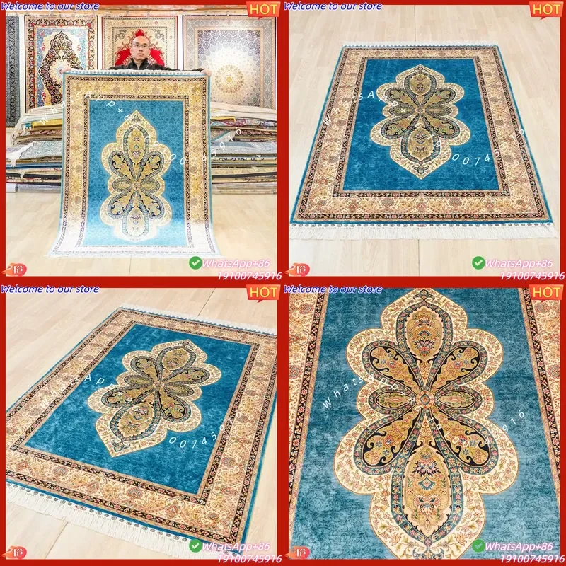 CECertificate YILONG 122x183cm Turkish Blue Carpet Handmade Living Room Vantage Fine Oriental Silk Rugs