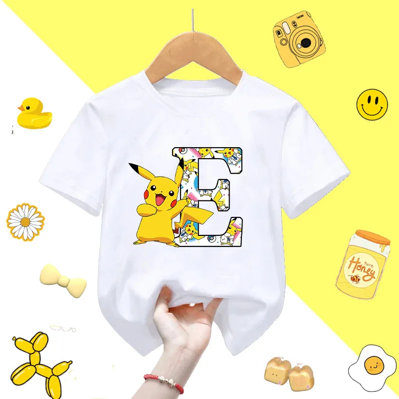 البوكيمون بيكاتشو قصيرة الأكمام تيشيرت صيفي بلايز القطن المحملة أنيمي A-Z رسائل مطبوعة ملابس لطيف الأطفال ملابس كاجوال هدية #6