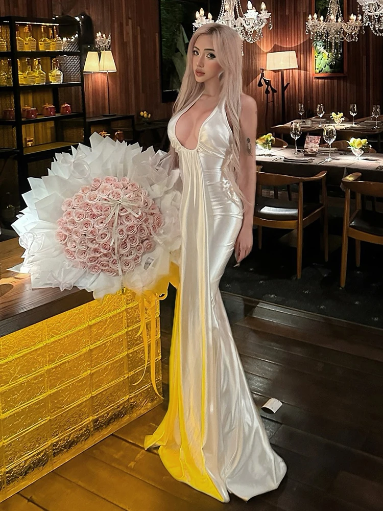 SiSterlinda Sexy Ruched Halter Satin Dress Women Elegant Backless Low Neck Banquet Party Gown Clubwear Stretch Trend Bodycon