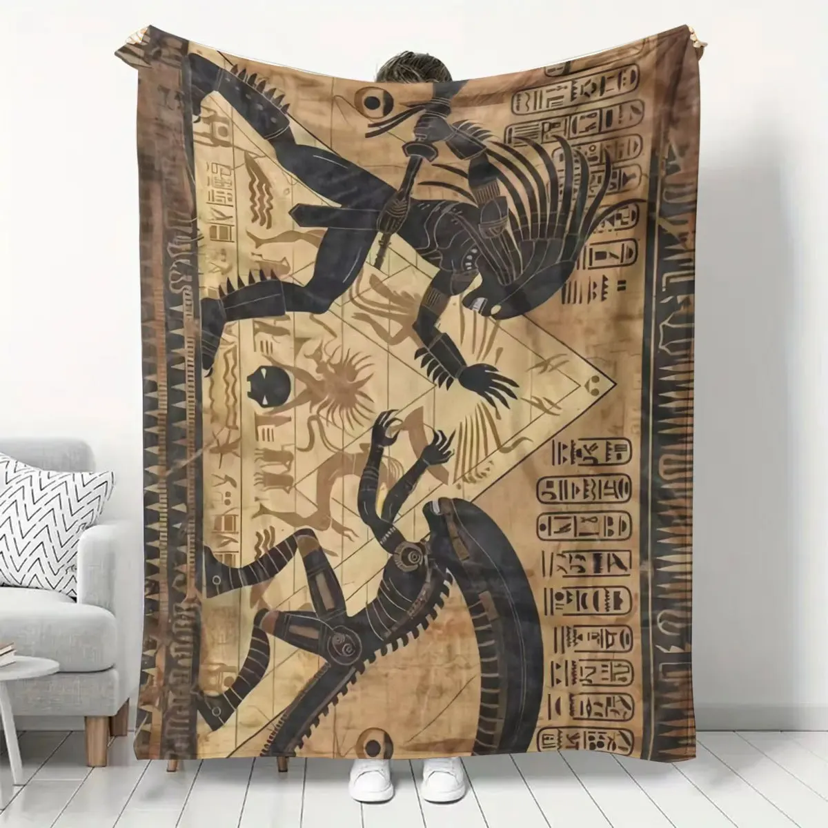 Vintage Egyptian Mythology Flannel Throw – Soft, Warm & Luxurious for Sofa, Bed, Travel & Office ,Unique Gift for Loved Ones