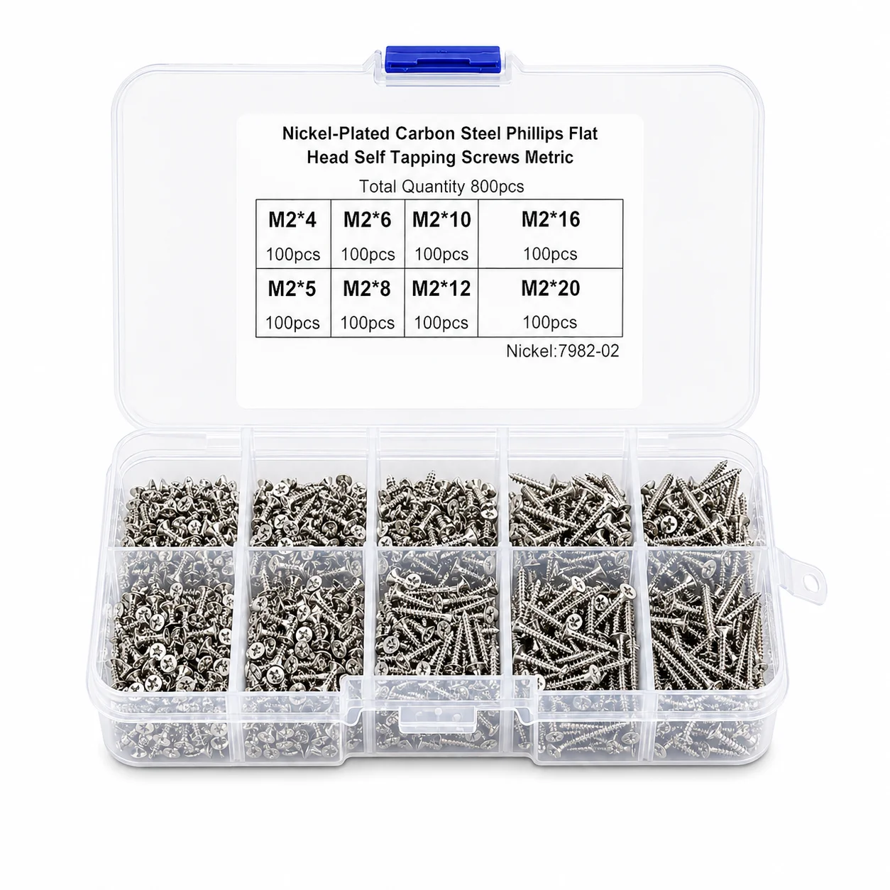 M2 800Pcs Nickel Plated Carbon Steel Phillips Flat Countersunk Head Self Tapping Screws 4-20mm Mini Micro Wood Screw Box Set Kit