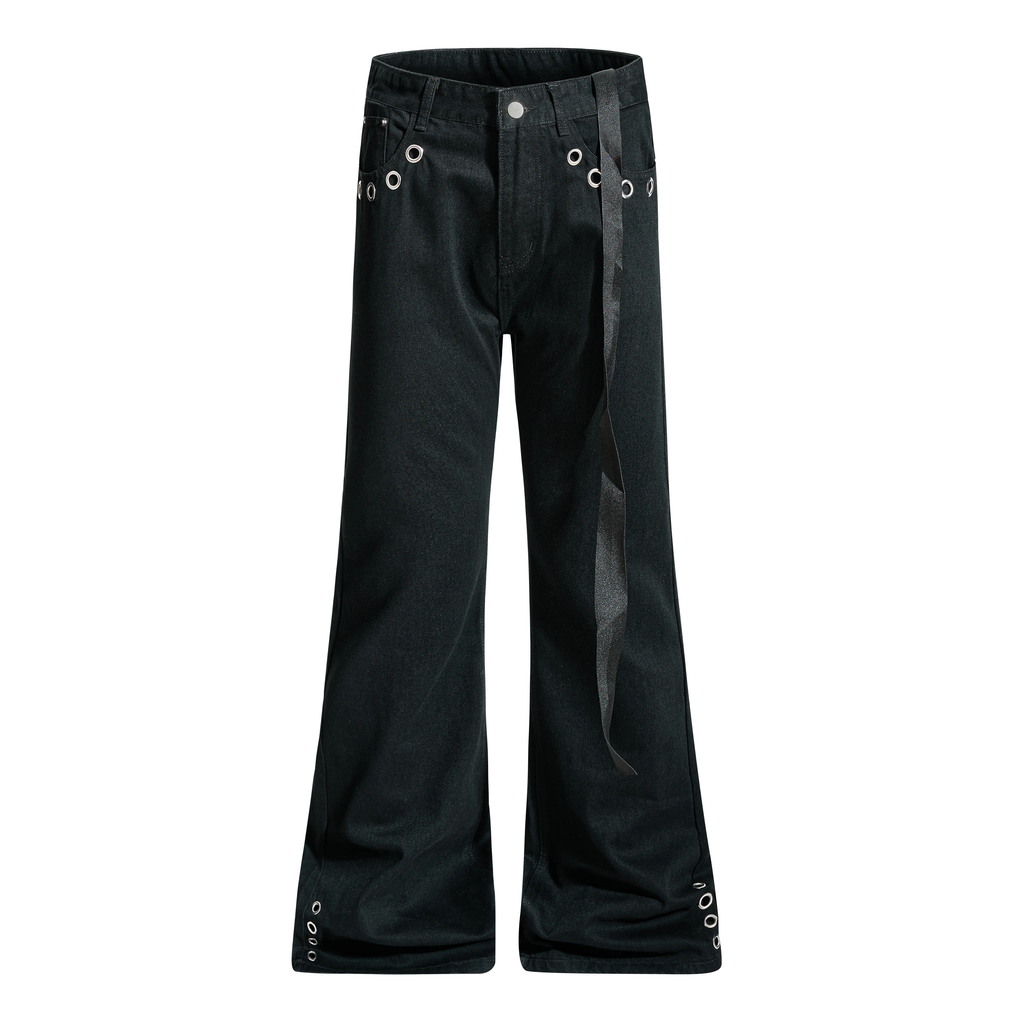 

Черные расклешенные джинсы с лентами Длинные мужские джинсы на шнуровке с широкими штанинами Y2k Уличная одежда Расслабленная длина Брюки Джинсовый панк