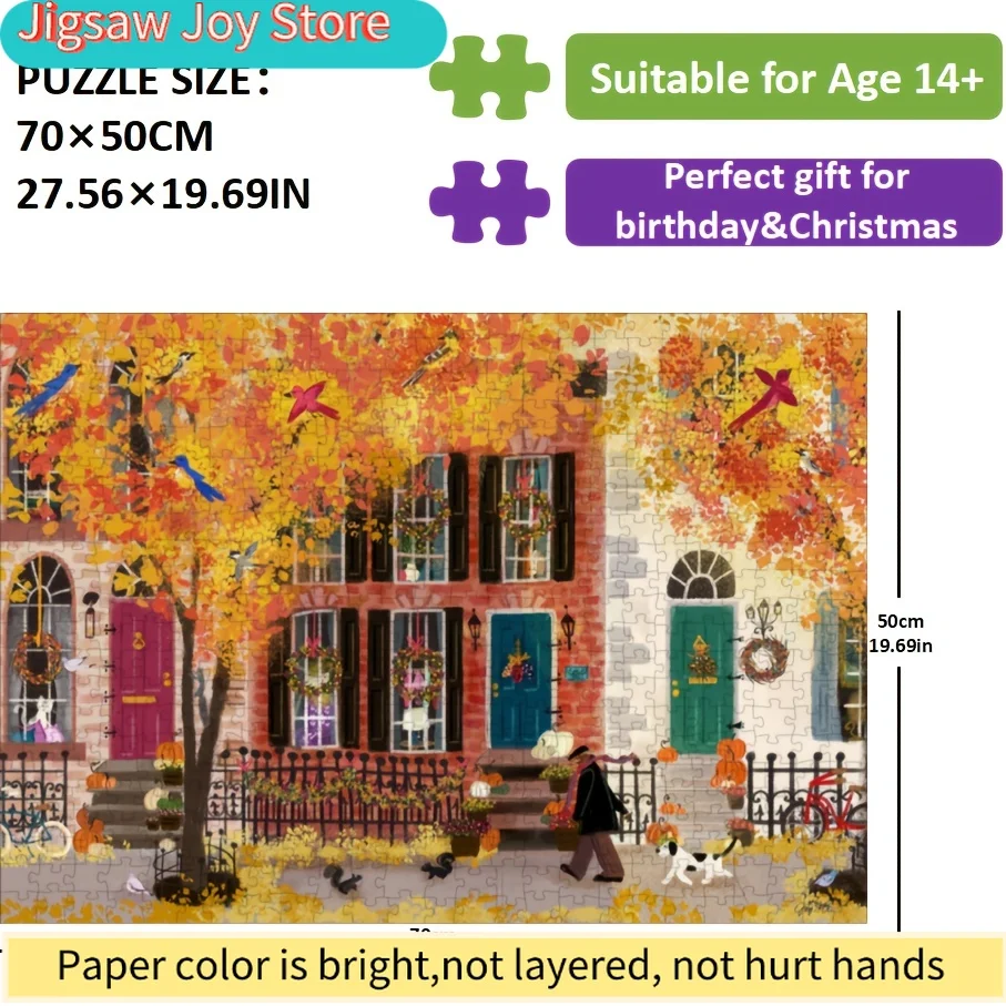 

Яркий осенний пазл с изображением улицы для взрослых - 27,56x19,69 дюймов, осенняя сцена с домами, заборами и листвой - сложный пазл