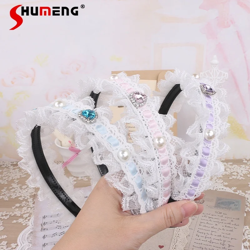 

Original Handmade Lace Spliced Heart Rhinestone Hair Hoops Headband Sweet Cute Versatile Lolita Hair Accessories Women Headwears