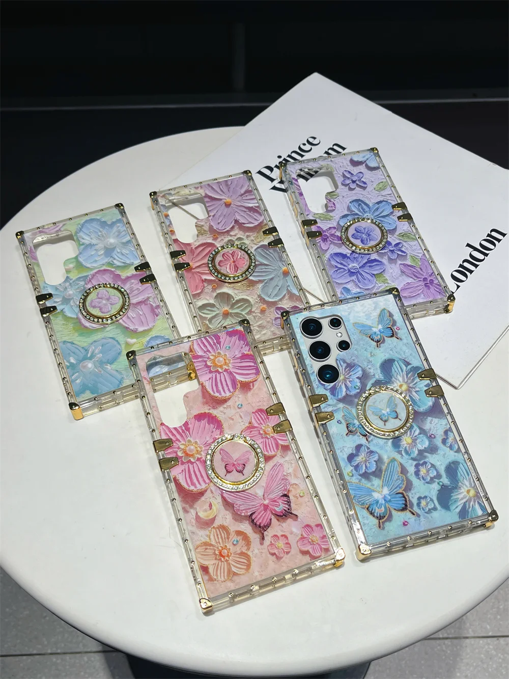 3D Oil Painting Butterfly Flowers Case for Samsung Galaxy S24 Ultra S23 FE S22 S21 Finger Ring Stand Protective Funda Flip 6 5 4