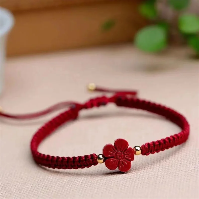 Natural Cinnabar Beauty Flower Red Rope Lucky Bracelet Handmade DIY Charm Bangles Couple Gift