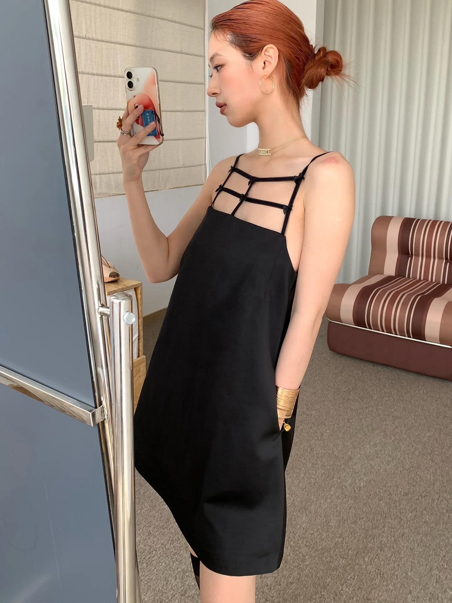 レースウェビングリボン装飾デザイン、シルクのようなサテンA字型ドレス気質カジュアルレディーススカート