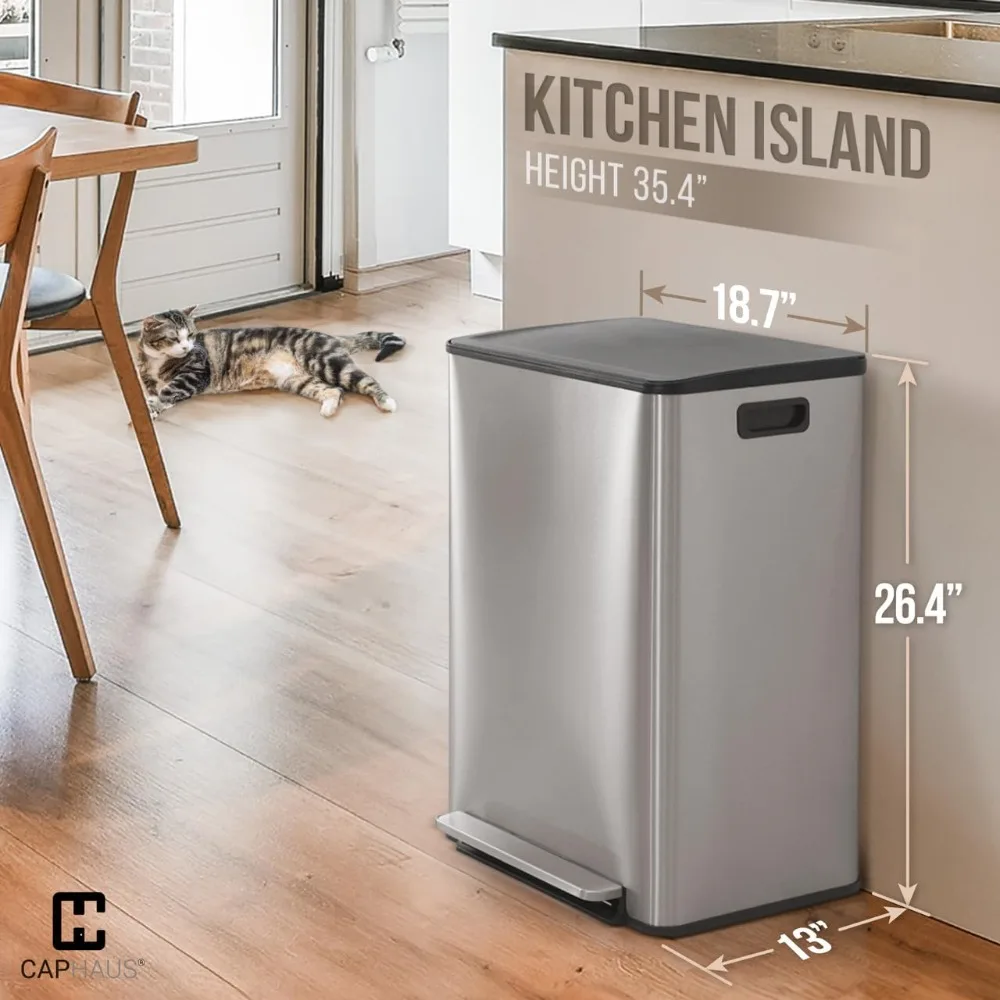 Dual Trash Can with Lid, Trash and Recycling Bins Combo for Kitchen, Hands-Free Stainless-Steel Garbage Can with 2 Compa