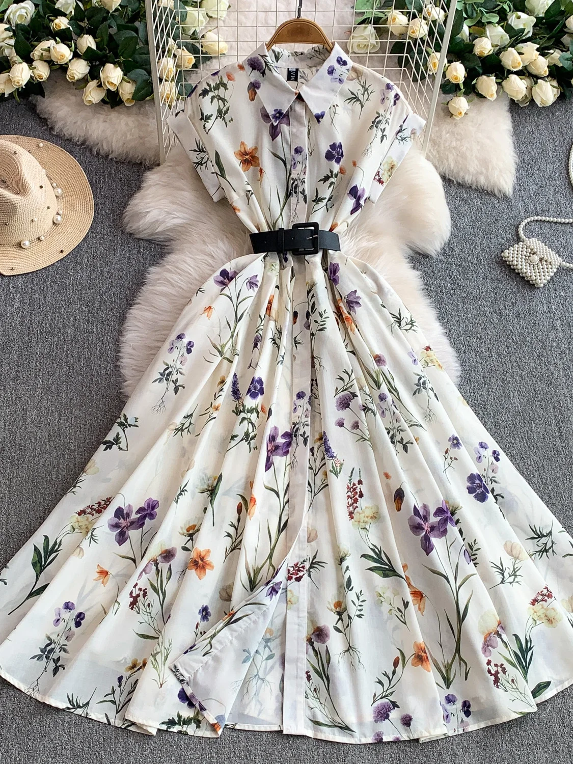 กระโปรงยาวทรงเอไลน์ผ้าชีฟองพิมพ์ลายดอกไม้ รุ่น Vaion Sle สำหรับผู้หญิง ช่วยกระชับเอวและพรางหุ่น พร้อมกระดุมด้านหน้า