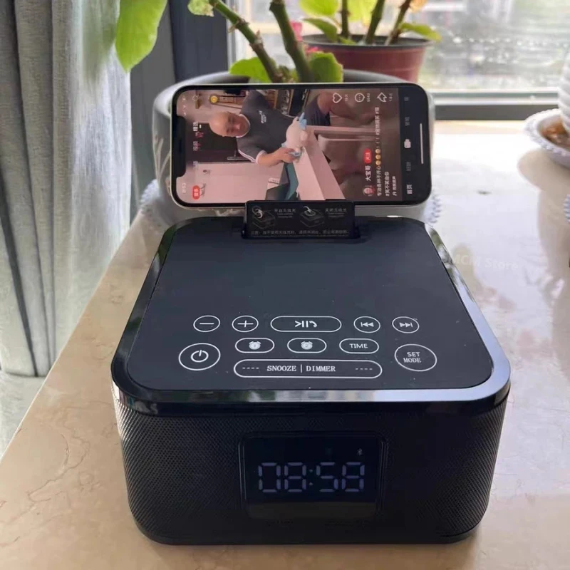 Portable Mobile Phone Wireless Charger Bluetooth Speaker FM Radio Column Dual Trumpet TF Card U Disk Boombox LED Clock Display