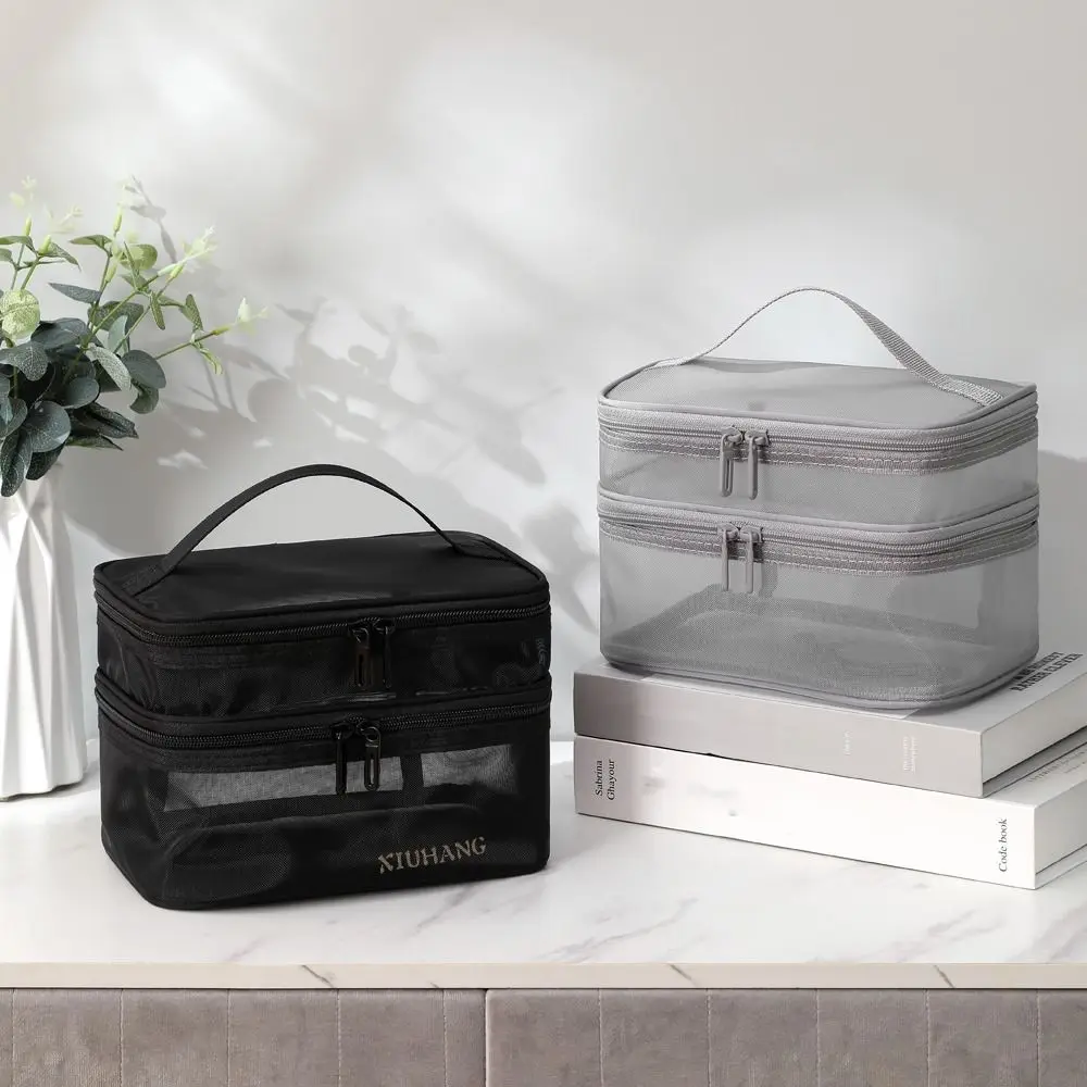 

Mesh Clear Cosmetic Bag Zipper Toiletry Bag Large Capacity Storage Bag Portable Double Layer Travel Wash Bag Makeup Bag Handbag