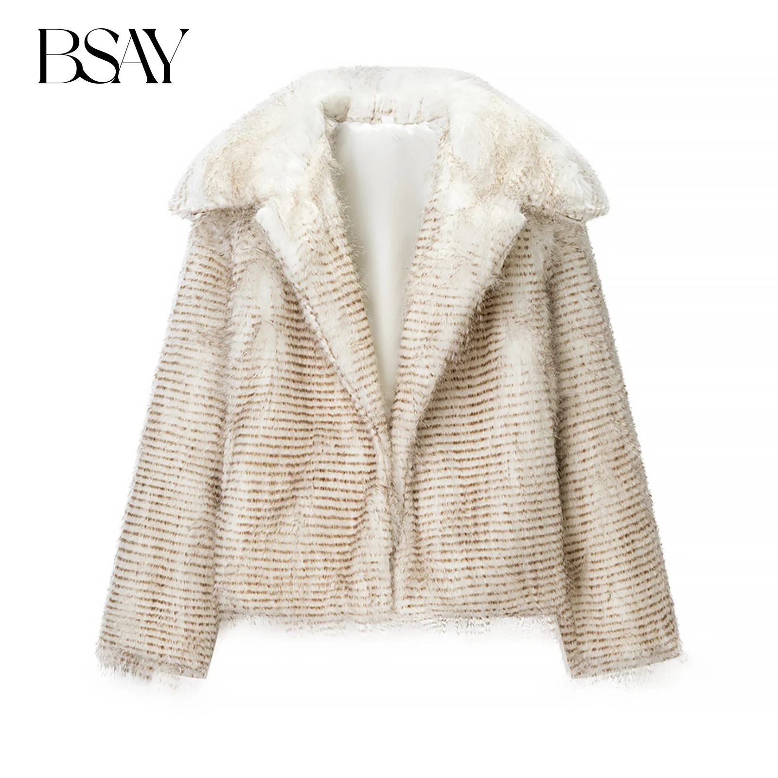 

BSAY Stripe Short Faux Fur Coats for Women Fashion Autumn Winter New Long Sleeve Hidden Button Lapel Warm Short Jackets