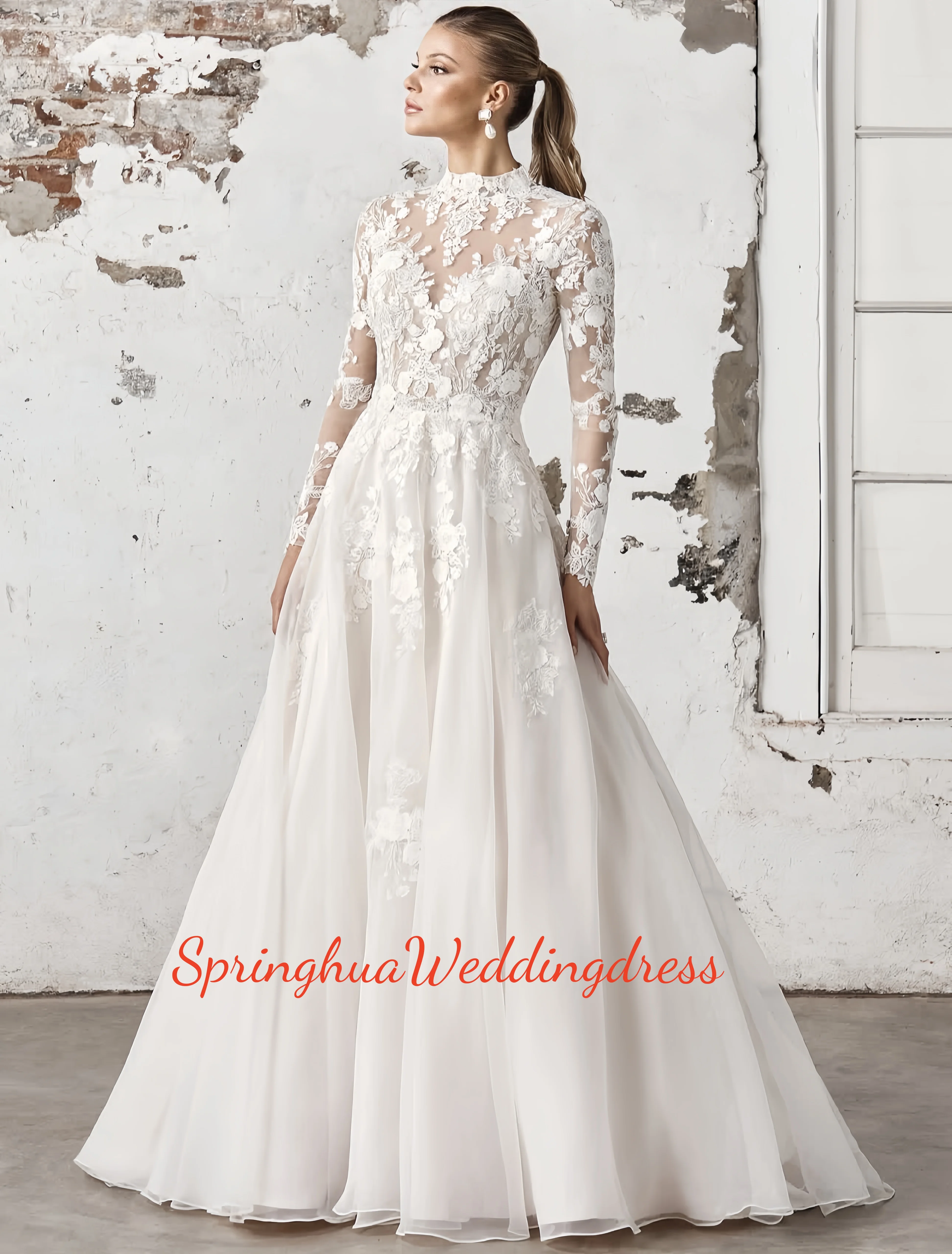 

Customized luxury wedding gowns, lace appliqued high-neck long-sleeved dresses, party evening gowns, bridesmaids, front courtyar