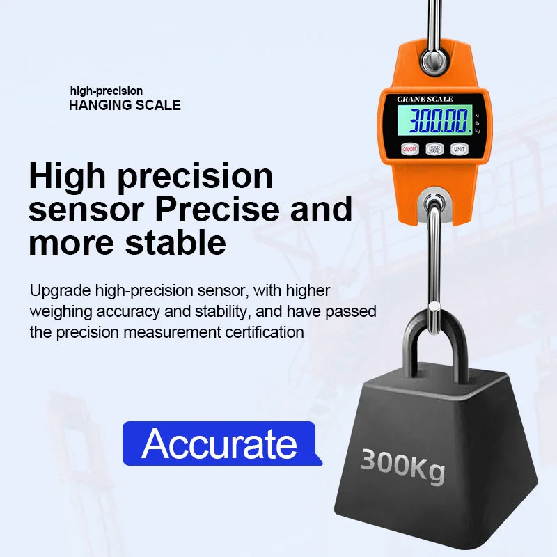 300kg High Precision Crane Scale Portable Electronic Stainless Steel Hook Hanging Scale LCD Digital Industrial Scales Kg/Lb/N