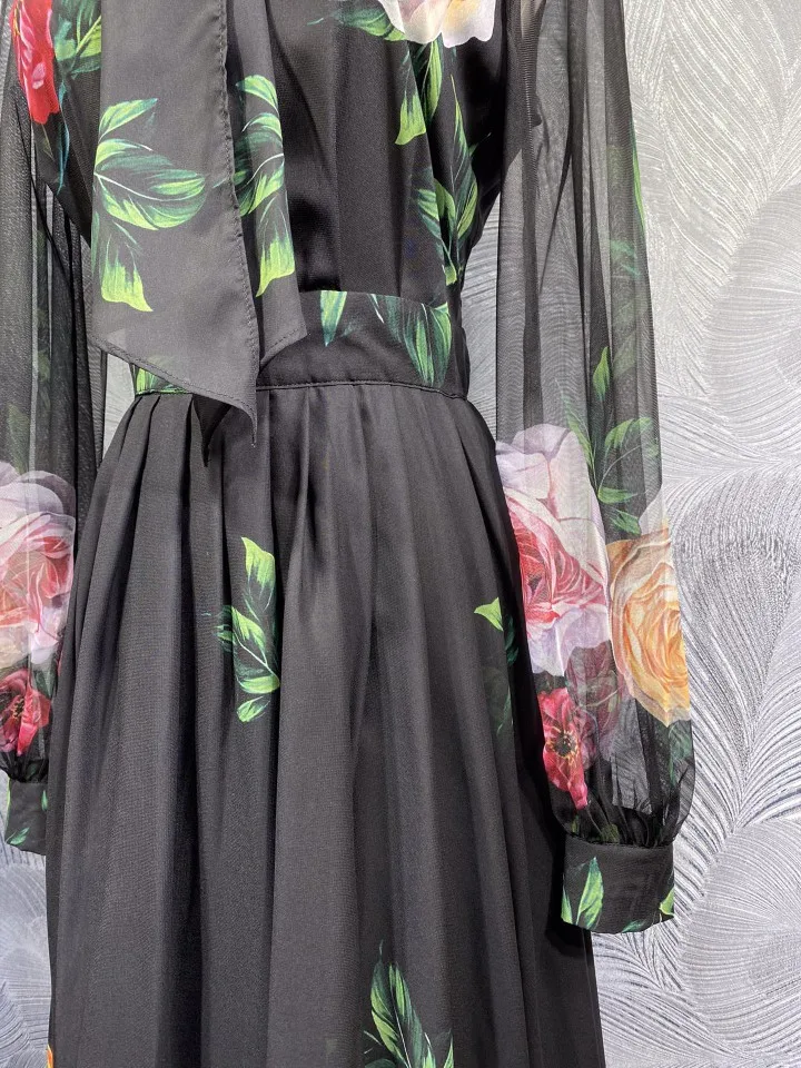 Bow Tie Elegant Long Dress 2025 Spring High Quality Clothing Women Big Floral Prints Long Sleeve Black Long Evening Maxi Dress