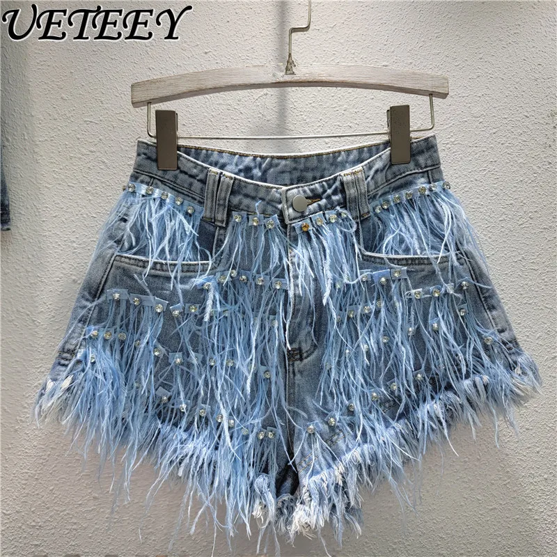 

Summer New Heavy Industry Diamond-encrusted Ostrich Hair Design Fringed Shorts Fashion Versatile High-waisted Denim Short Pants
