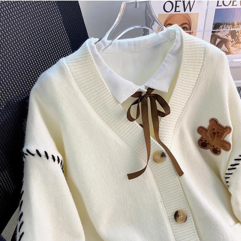 Cute Bear Print Knitted Cardigan Women Autumn Winter Korean Warm Tender Sweater Loose V Neck Long Sleeve Solid Preppy Jumpers