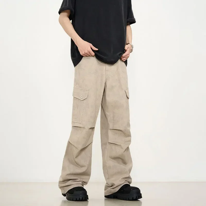 

Осенние мужские широкие длинные брюки-карго, прямые брюки с карманами, однотонные свободные повседневные брюки с высокой талией и обычными пуговицами на молнии