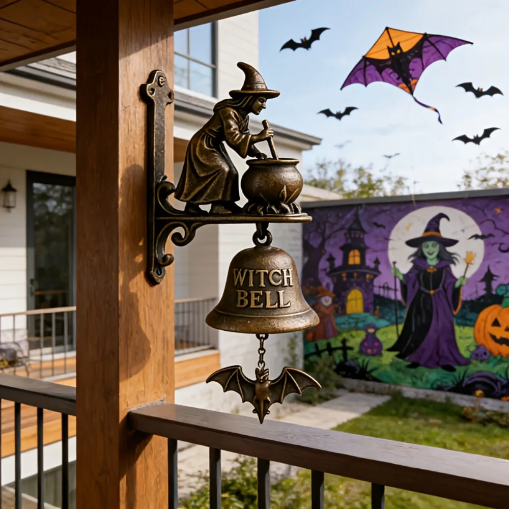 Vintage Halloween Witch Doorbell Sounding Alloy Witch Hanging Ornament Copper-colored Wall-mounted Halloween Door Hanger Garden