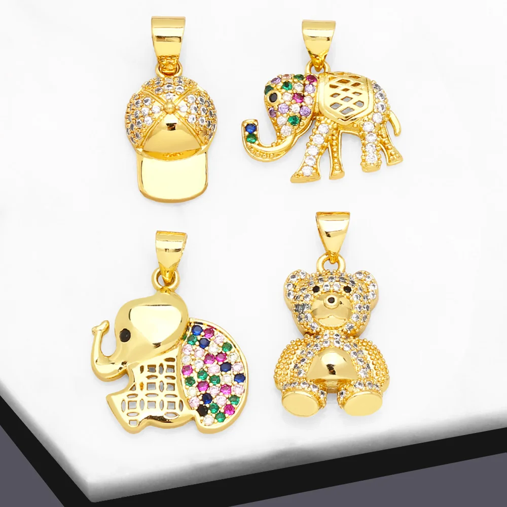 OCESRIO Multicolor Zircon Bear Pendant for Necklace Copper Gold Plated Cap Elephant Animal Jewelry Making Component pdtb008