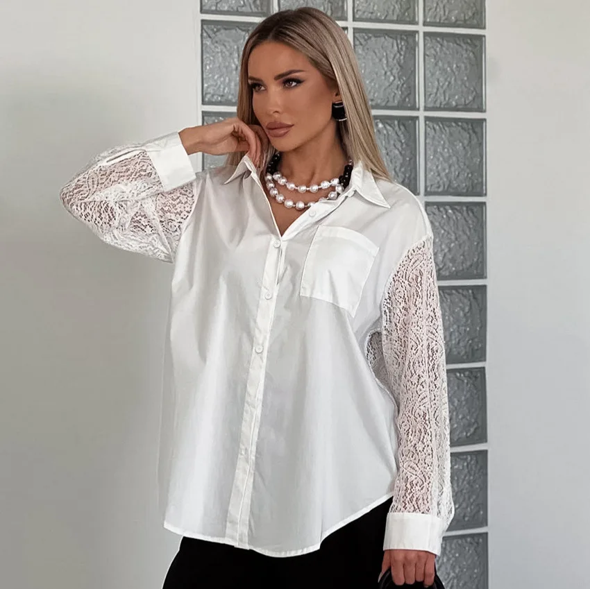 

2026 Spring New Lace Splicing Hollow Back Design Sense Long Sleeve Lapel Commuter Shirt Women
