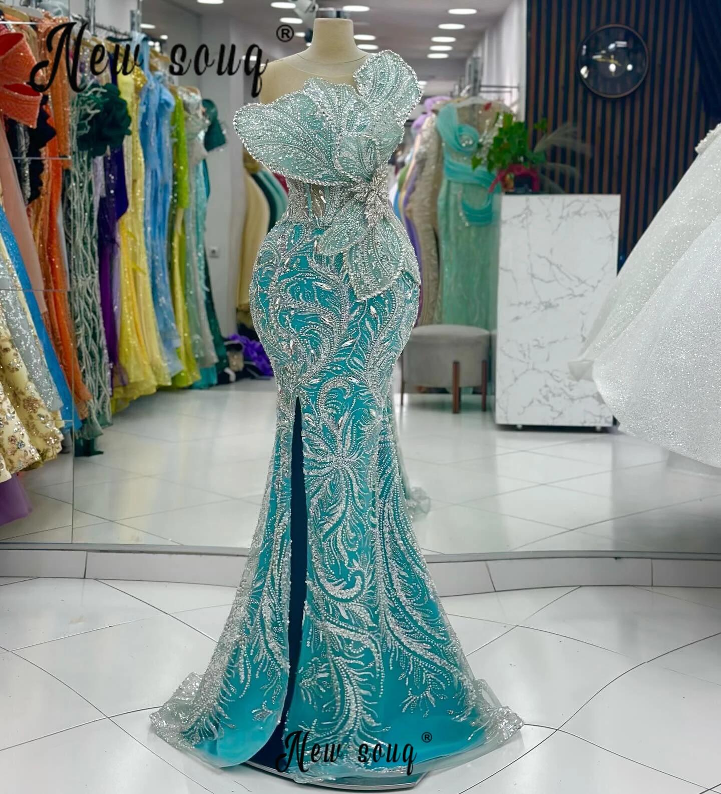 5D Crystal Leaf Mint Green Prom Dresses Long Mermaid Bespoke Occasion Dresses For Wedding Vestido De Gala Noche Mujer ﻿ ﻿