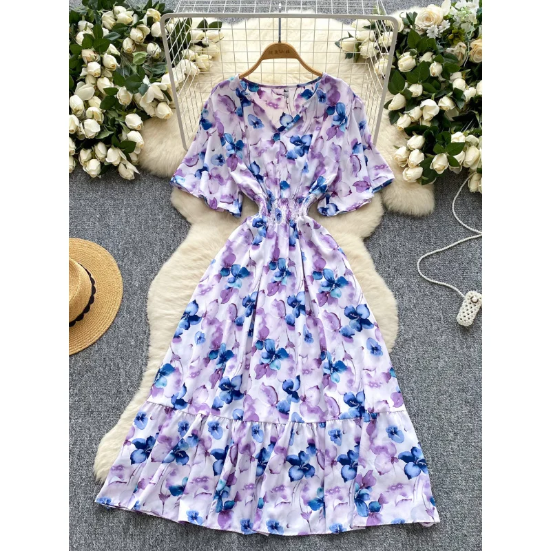 Boho vintage donna estate scollo a V stampa floreale abito lungo elastico in vita volant Chic vestido de festa INS abito da vacanza al mare