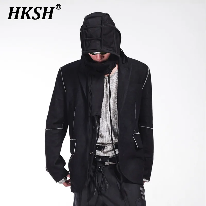 HKSH Autumn New Men's Tide Punk RO Contrast Color Hand Stitch Wrinkl Hairy Texture Deconstructed Edge Blazer Chic Jackets HK3328