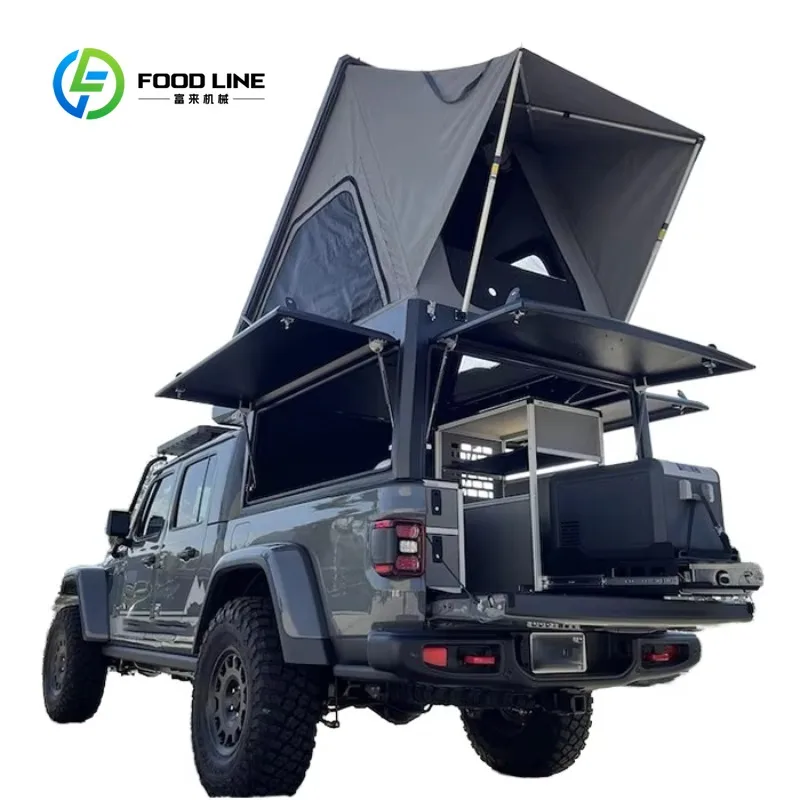 Customized slide‑in pickup bed camping module integrated rooftop tent multi‑compartment for 4x4 outdoor touring project