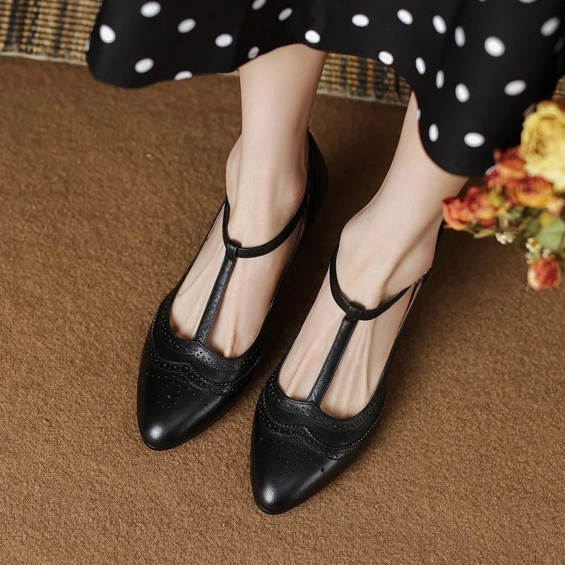 Ladies Pumps Cowhide Retro High Heels Spring Autumn Vintage Brogue Pumps T Straps Mary Jane Shoes On Heel 7 Simple Shoes