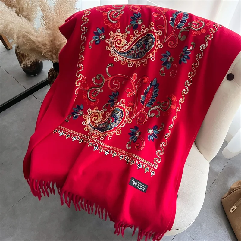 2024 Fashion Scarf Winter Thick Shawl Wrap Head Scarf Women Luxury Embroider Flower Warm Neckerchief Poncho Pashmina Bufanda