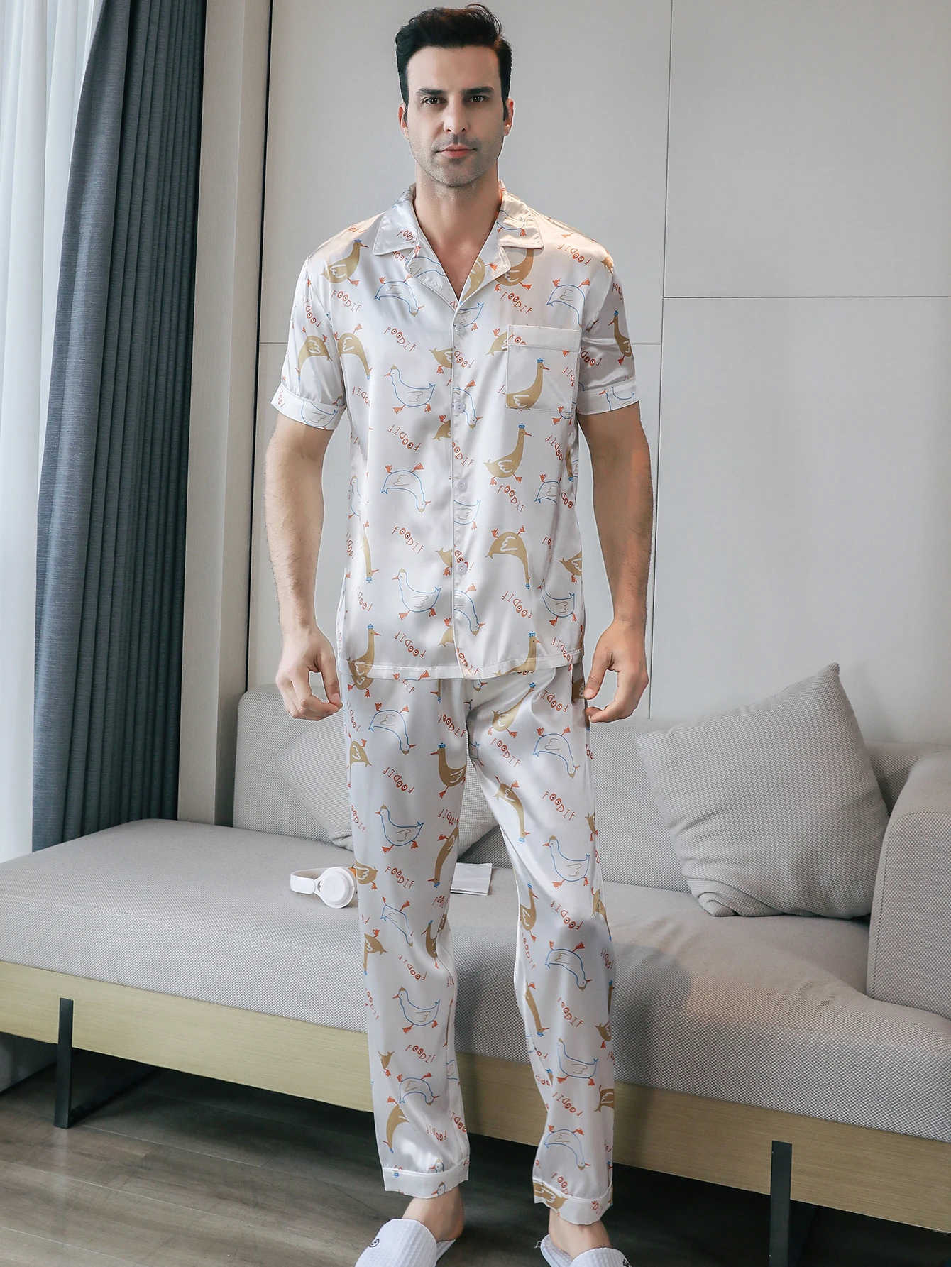 Two piece sets men's sleepwear summer short sleeved pants duck pattern printed home clothes sleepwear set