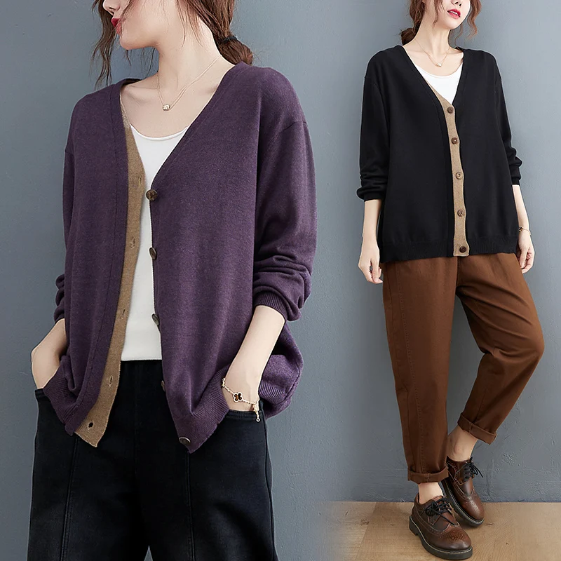 

Color Blo Long Sve вязаный свитер из хлопка, открытый кардиган с одной пуговицей, большой размер, женский осенний топ Faion