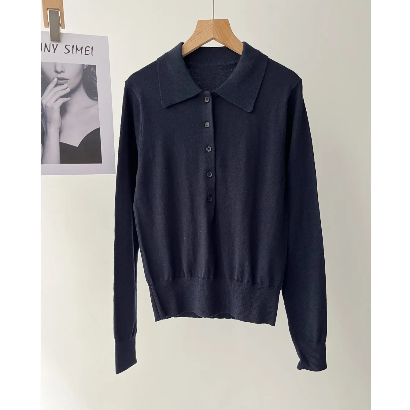 

Women's college soft waxy wool dark blue Polo shirt collar long-sleeved knitted sweater 16a