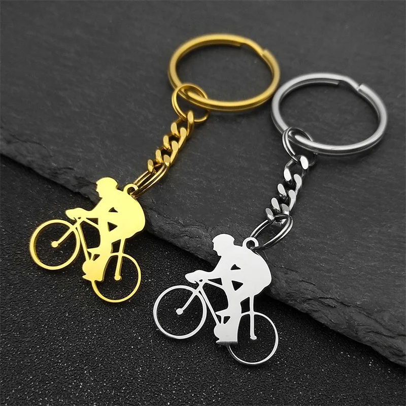 Hiphop Bicycle Man Stainless Steel Pendant Keychain For Women Men Gold Color Motor Bike Man Key Chain Jewelry