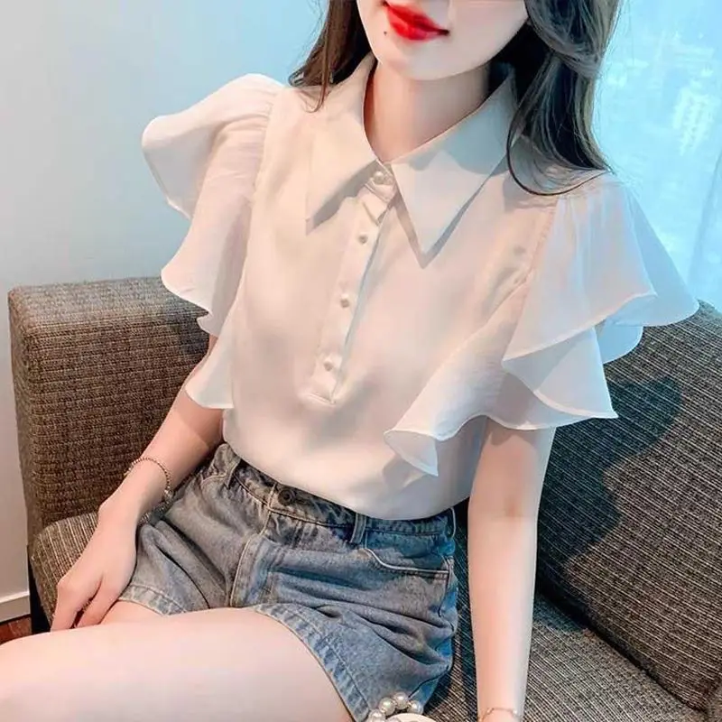 Clothes for Women Summer Fashion Ruffles Sweet Chic Blouses Lapel Elegant Commute Shirts Casual Solid Loose Tops Blusa Feminino