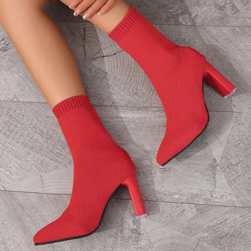 Women Elastic Sock Boots Autumn Winter Stiletto High Heels Knitted Ankle  Woman Slip-On Pointed Toe High-heeled Botas Mujer