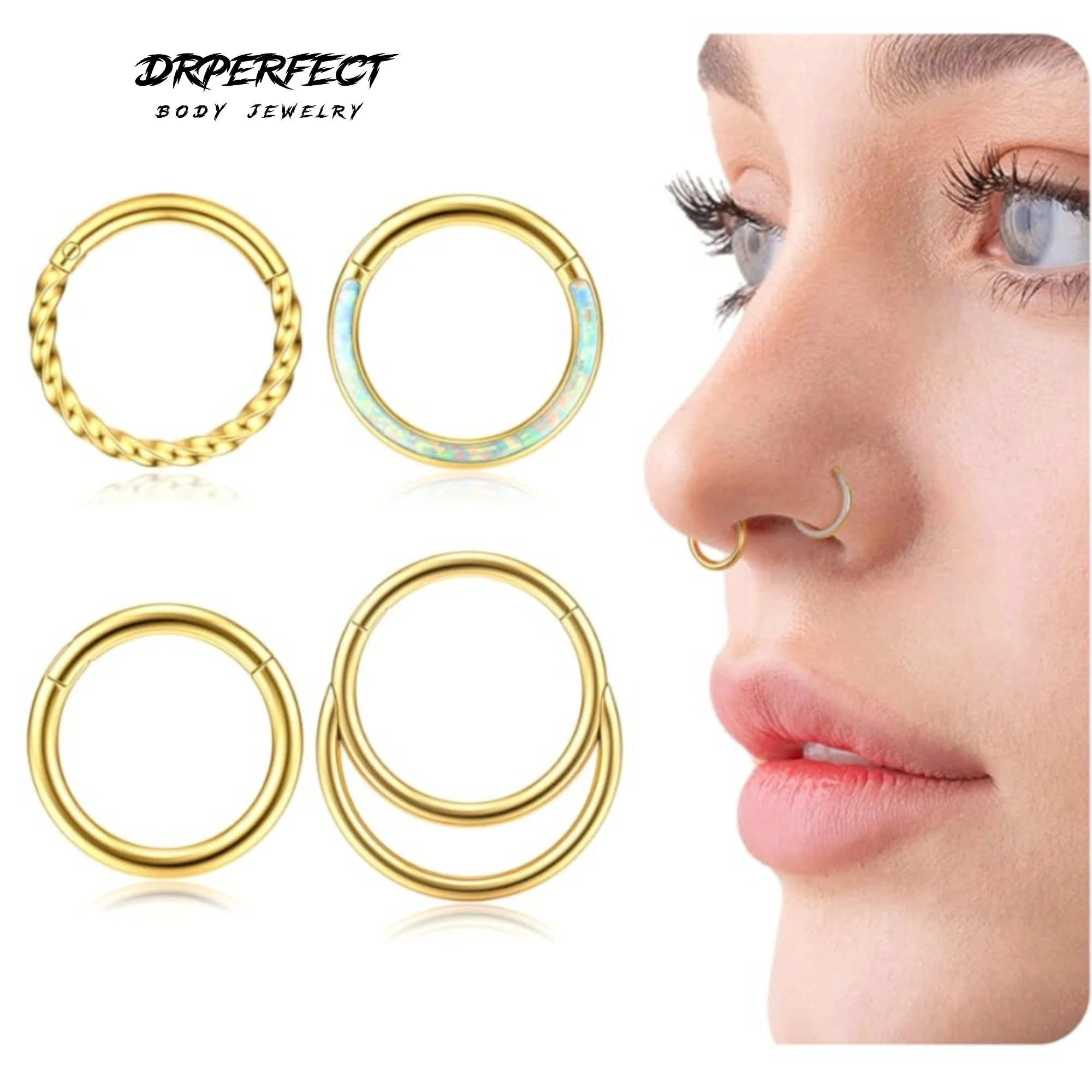 

Drperfect 4pcs Nose Ring Septum Hoop 316L Surgical Steel Septum Nose Rings for Women Men Clicker CZ Opal Hoops Piercing Jewelry