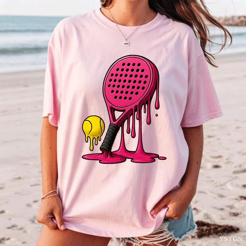 Women Dripping Melting Padel Racket Ball Graphic Tee Liquid Sport Print O Neck Short Sleeve Cotton Tops for Padel Enthusiast Fan