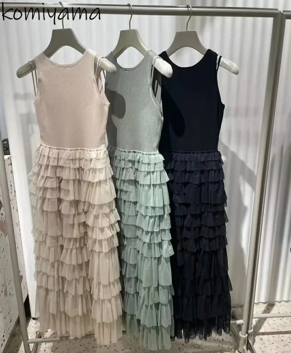 

Summer New Sleeveless Knit Dress Cascading Cake 2025 Vestidos Japanese Dresses Woman High Waist Mesh Robe O-neck Ropa Mujer