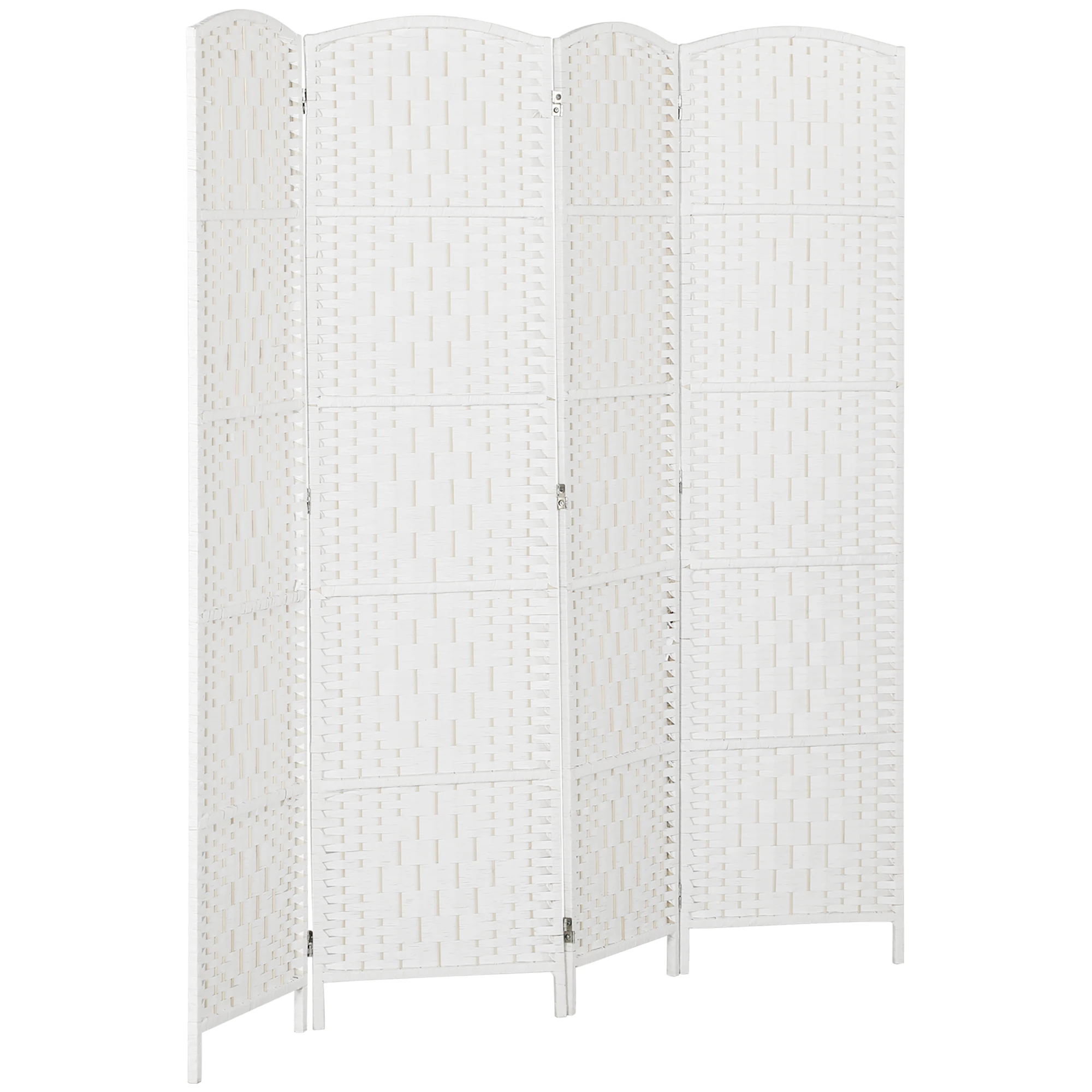 Homcom Room Divider 4 Panels, 6ft Tall Folding Privacy Screen, Freestanding Hand-Woven Partition for Room Separation with 360 °   Hinges, Paper Rope Diamond Weave, White