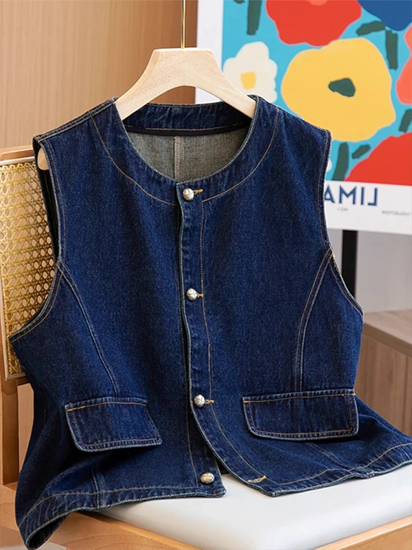 Chaleco vaquero azul japonés Retro para mujer, ropa de abrigo con capas para otoño e invierno, Top Svel, chaleco con almohadilla para el hombro de tamaño pequeño
