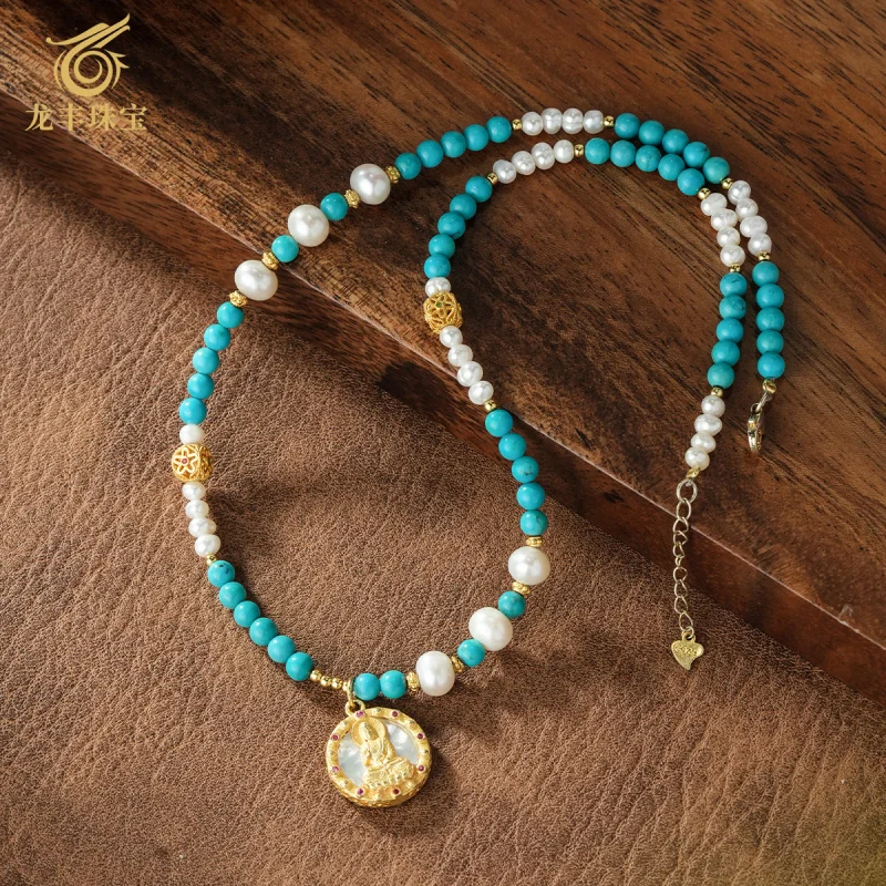 Necklace Natural Turquoise Round Beads Pearl Elegant Exquisite Style Collarbone Chain