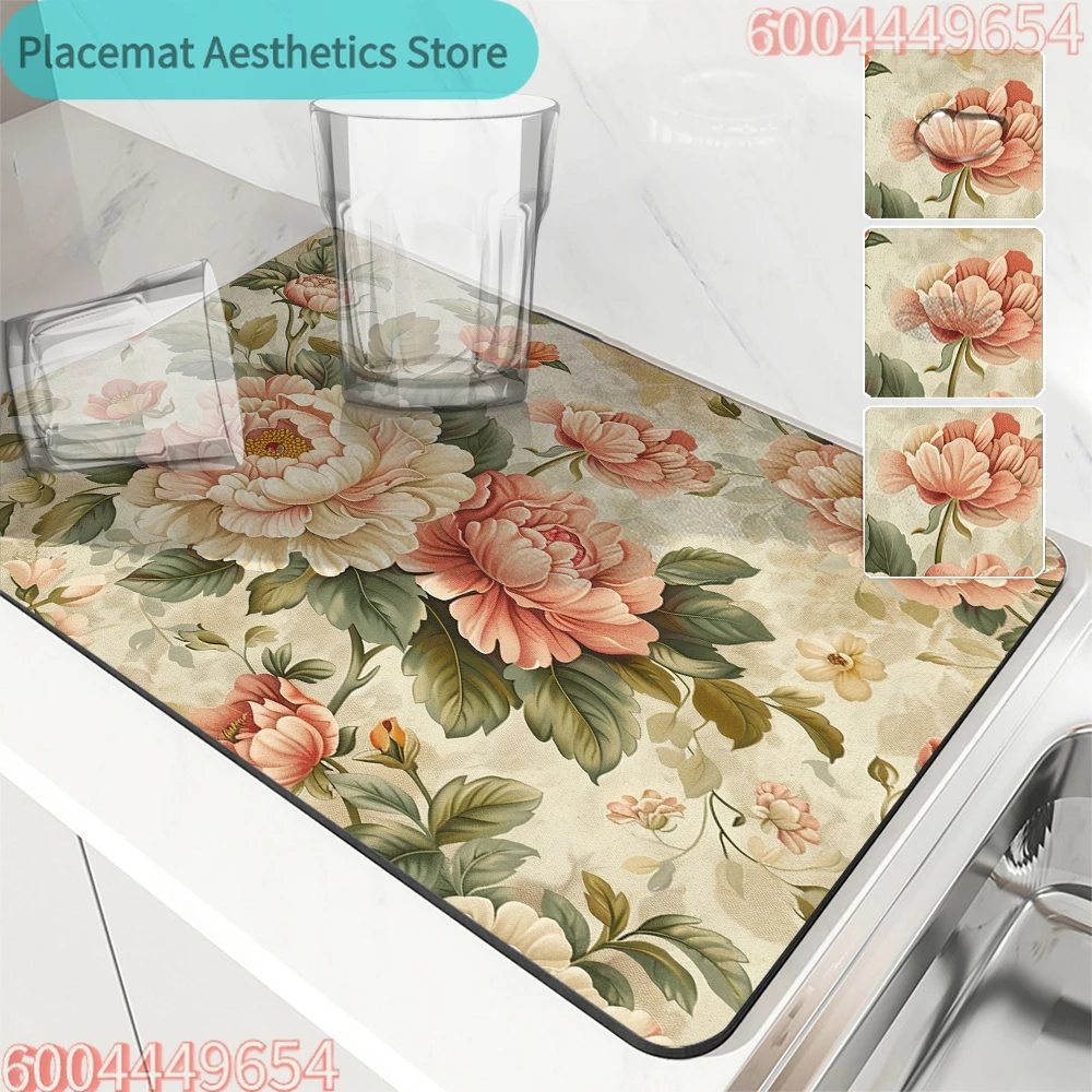 Rutschfeste Küchen-Absorbiermatte mit Blumenmuster, Superabsorbierende Kaffee- und Geschirrtrockenmatte, Schnelltrocknende Badezimmer-Abtropfmatte